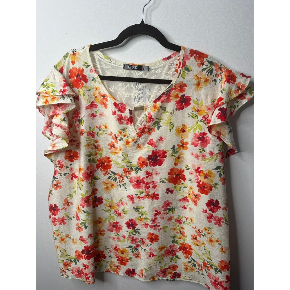 Cure Floral Ruffle Sleeve Lace Back Blouse Top 3XL NWT Red Orange Cream